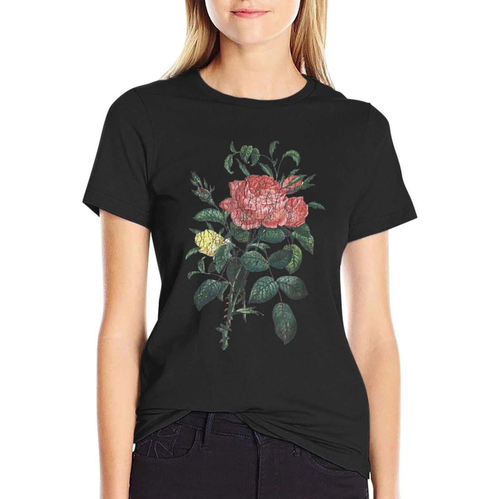 Cottagecore Vintage Distressed Botanical Rose  Heathered Texture T-Shirt