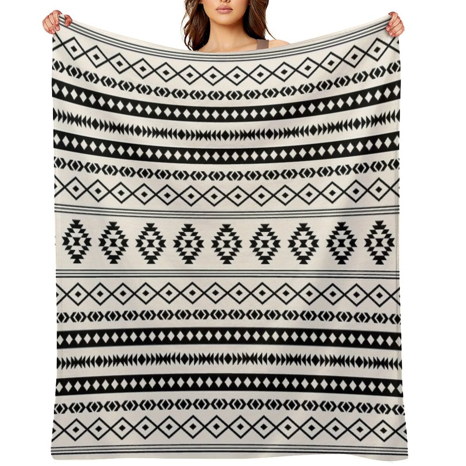Aztec Black on Cream Mixed Motifs Pattern Velvety-soft Throw Blanket