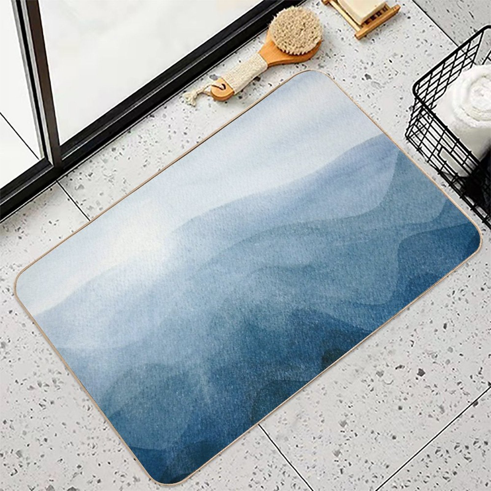 Blue Sunrise in The Mountains, Dawn, Abstract Watercolor Durable Bath Mat