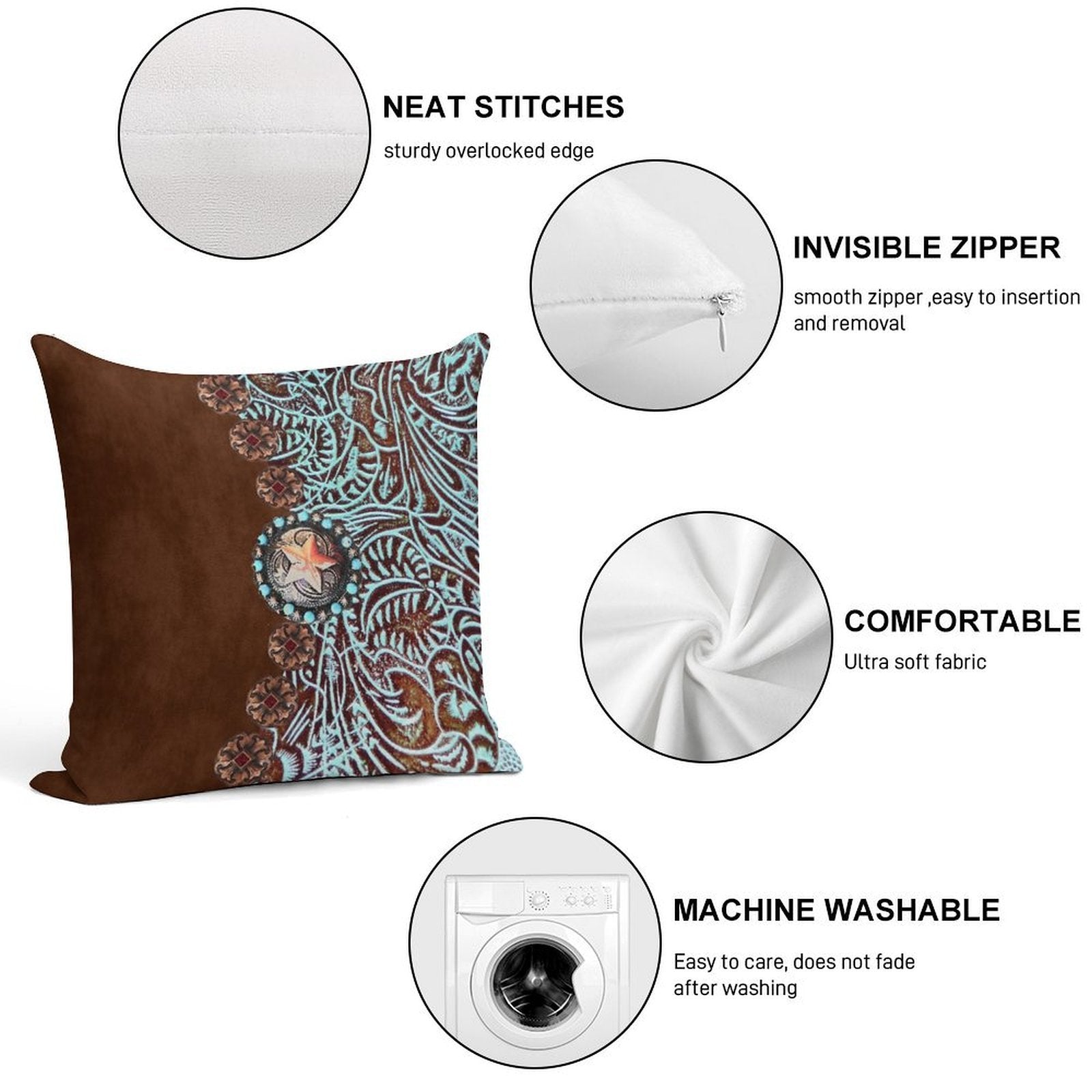 Primitive Cowboy Cowgirl Western Country Brown Turquoise Soft Ultra-Soft Texture Throw Pillow