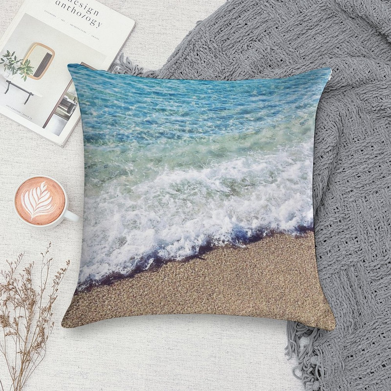Ocean Blue Shore Waves Soft Reinforced Edging Throw Pillow