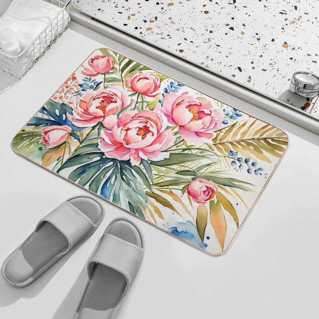 Beautiful Flower And Plant in Loose Watercolor Painting - Monstera Leaves- Blue Purple Peach Hydrangea, Hortensia, Peony And Ros  Non-Slip Bath Mat
