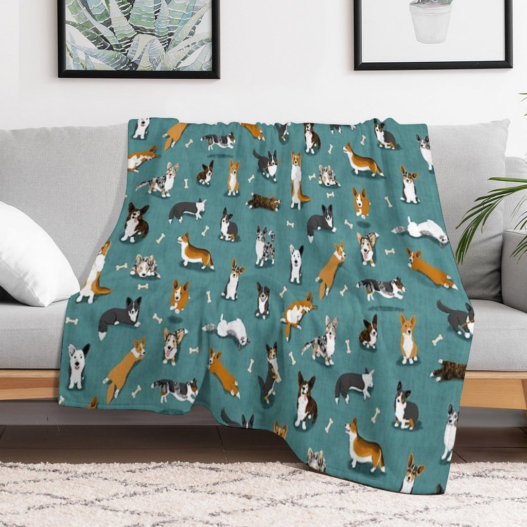 Cardigan Corgi Pattern on Teal Quick-dry Throw Blanket