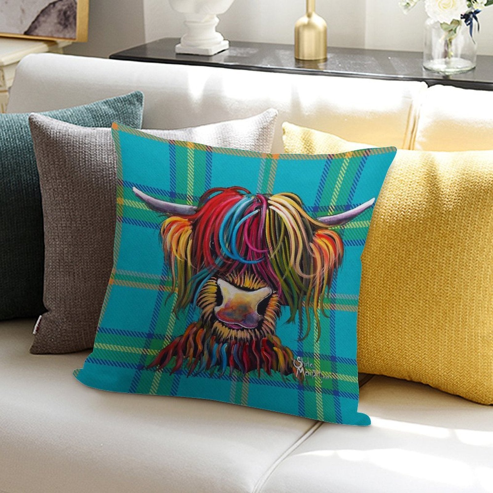 SCoTTiSH HiGHLaND CoW ' TaRTaN NeLLY B ' by SHiRLeY MacARTHuR Soft Fade-Resistant Throw Pillow