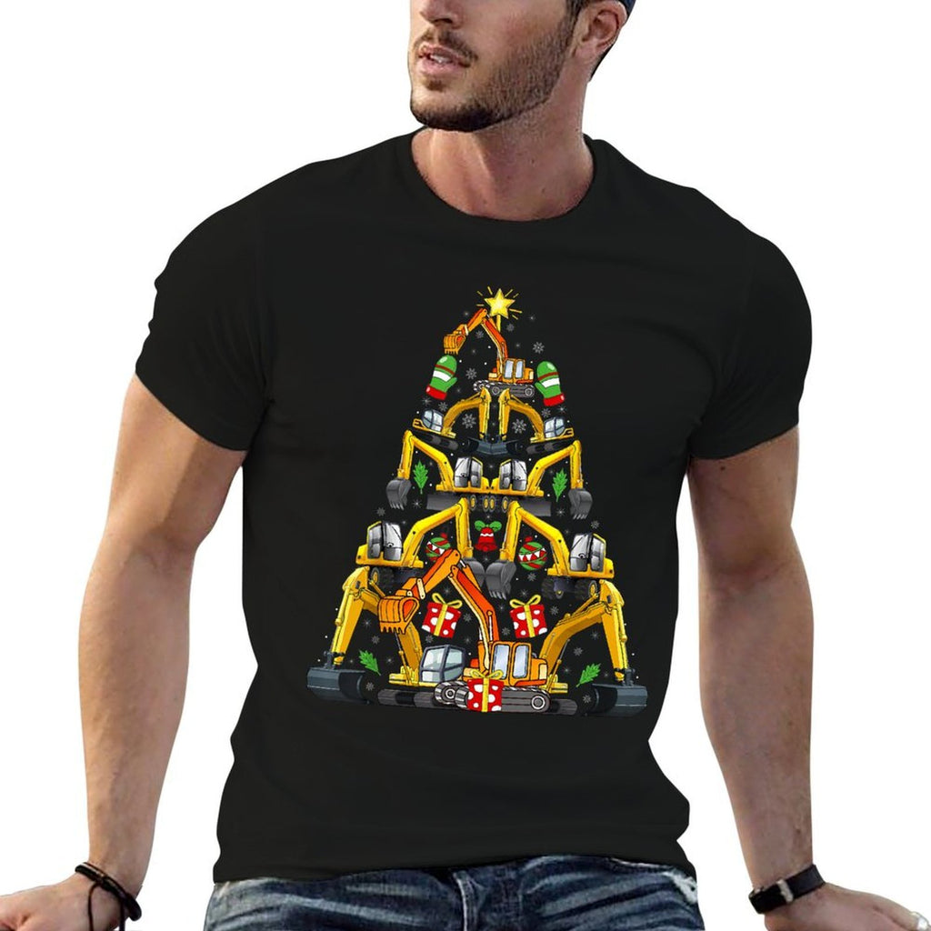 Excavator Christmas Tree Funny Vehicles Xmas Adult And Kids  Ribbed Collar T-Shirt
