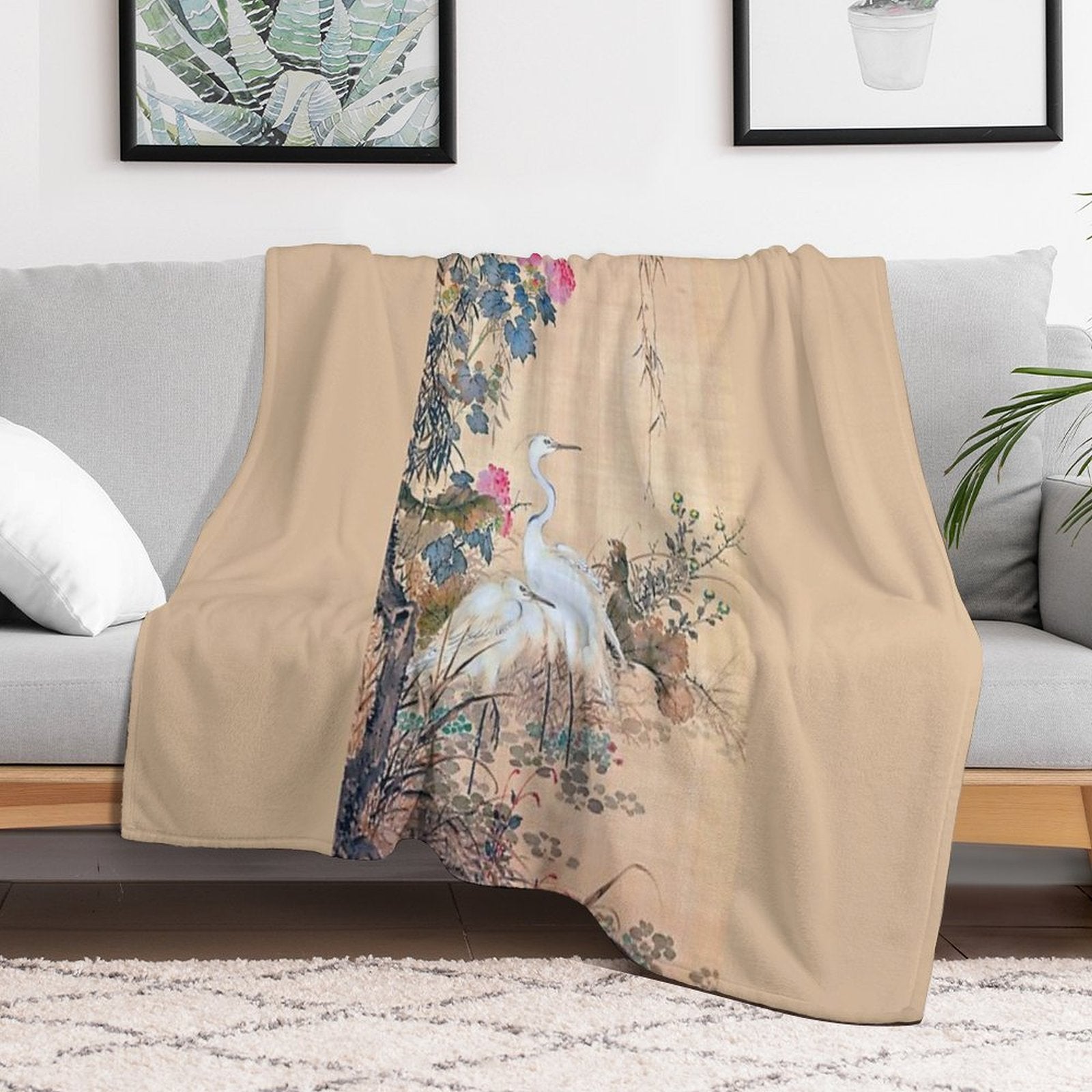 Egrets, Peonies, And Willows (Restored Japanese Artwork) Machine-washable Throw Blanket