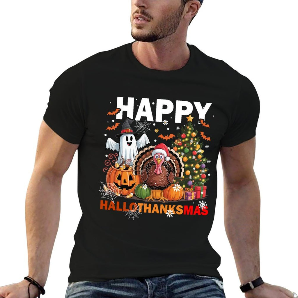 Retro Halloween Thanksgiving Christmas Happy HalloThanksMas Comfortable T-Shirt