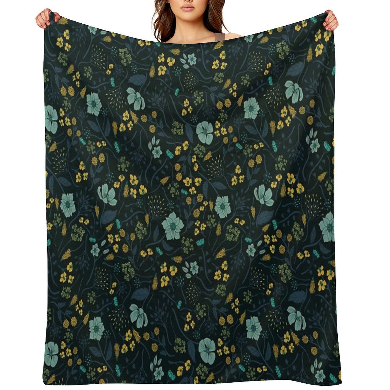 Turquoise, Yellow, Green & Dark Blue Floral Pattern Versatility Throw Blanket