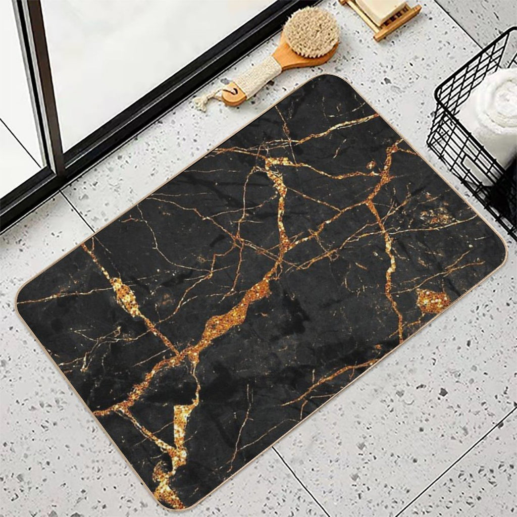 Faux Black Marble with Gold Glitter Veins Durable Bath Mat