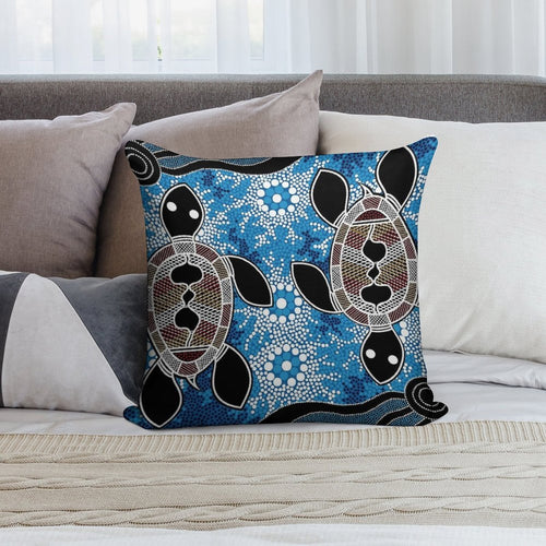 Authentic Aboriginal Art  - Sea Turtles Soft Short Plush Fabric Throw Pillow