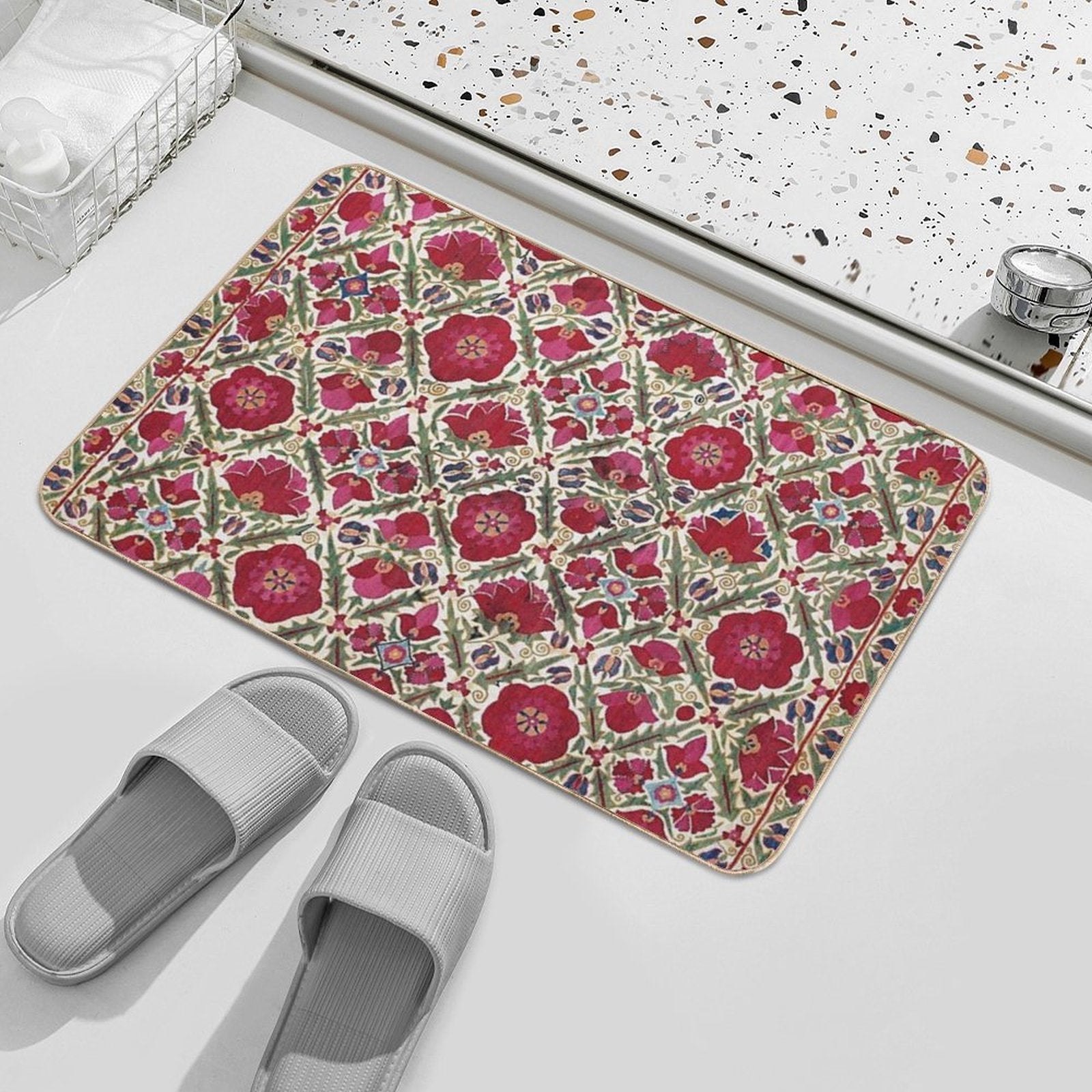 Bokhara Nim Suzani  Antique Uzbek Embroidery Print  Toxin-Free Bath Mat