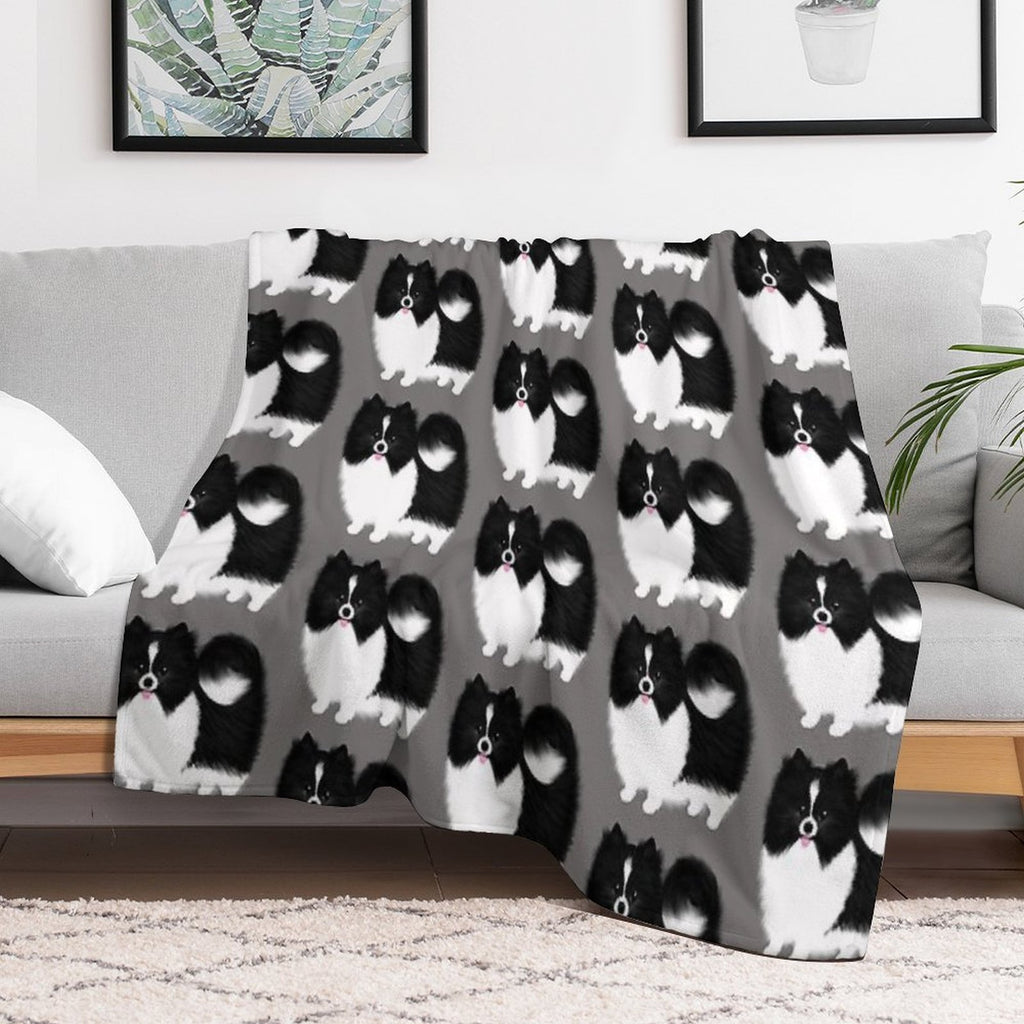Black And White Parti Pomeranian  Cute Black And White Fluffy Dog Durable Throw Blanket