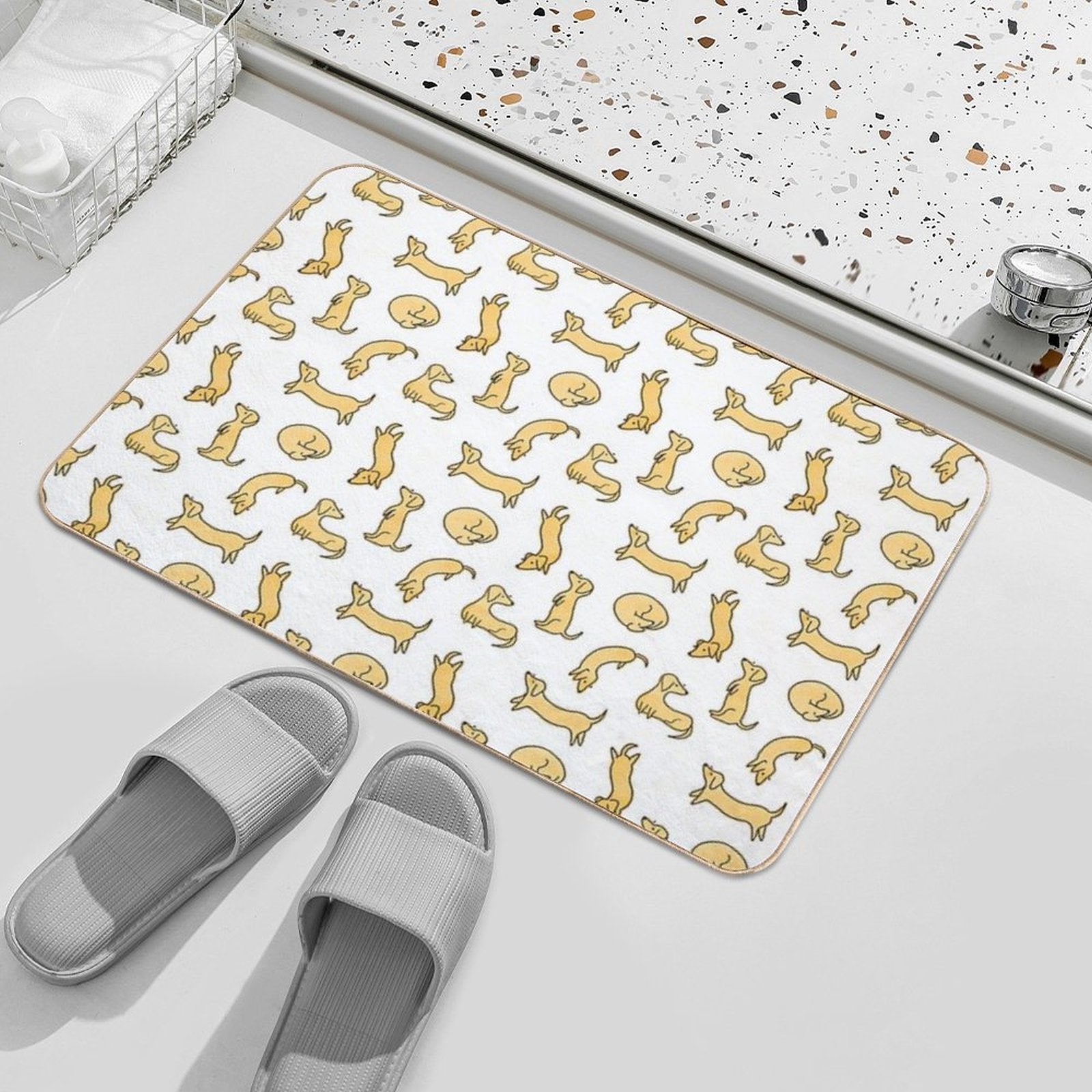 Miniature Dachshund  Sausage Dog Illustrated Yellow Pattern  Fade-Resistant Bath Mat