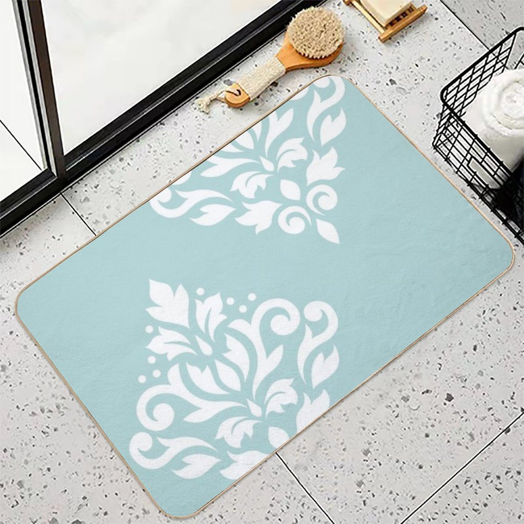 Scroll Damask Art I White on Duck Egg Blue  Fade-Resistant Bath Mat
