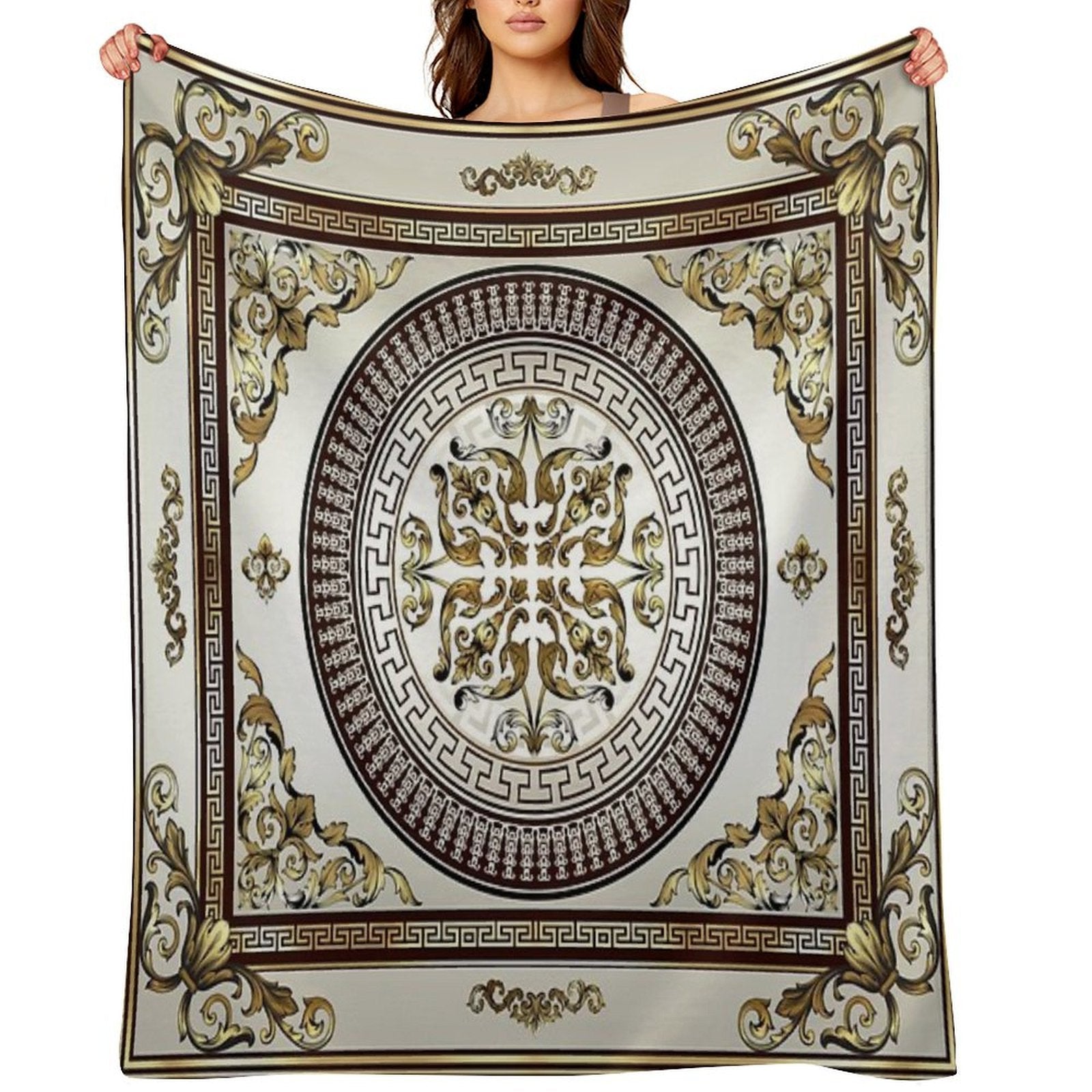 Baroque Ornate Cream Gold Brown Greek Key Premium Throw Blanket