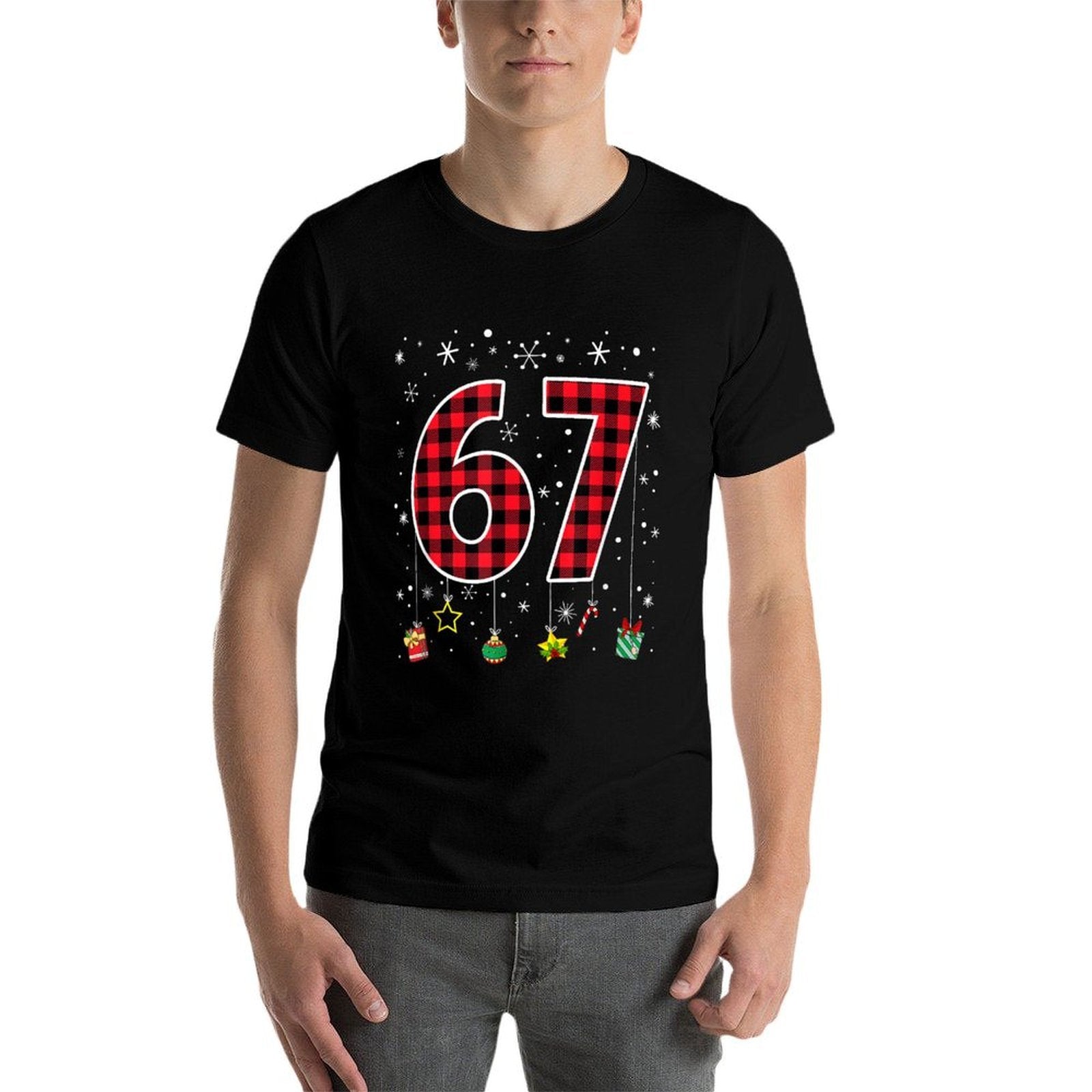 Funny Six Seven 6 7 Meme 67 Christmas Red Plaid Xmas Pajamas  Wrinkle-resistant T-Shirt
