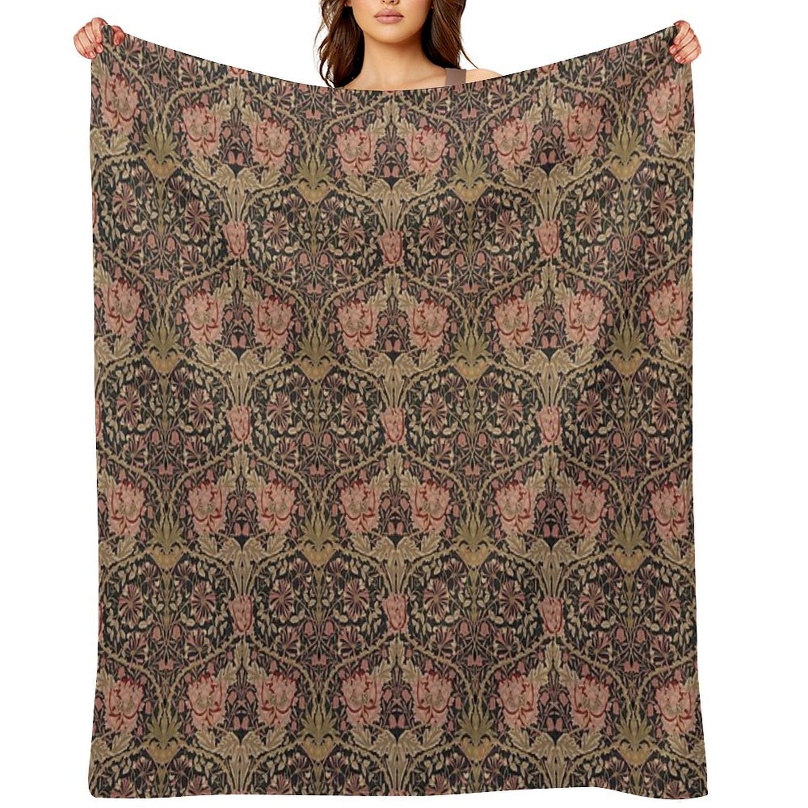 Honeysuckle Trellis Rich Black William Morris Pattern Compact Throw Blanket