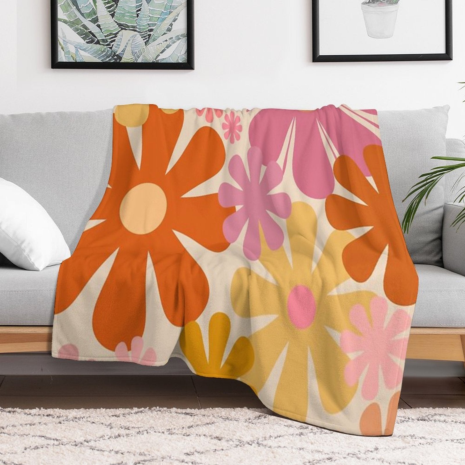 Retro 60s 70s Flowers - Vintage Style Floral Pattern in Thulian Pink, Orange, Mustard, And Cream Gift-ready Throw Blanket