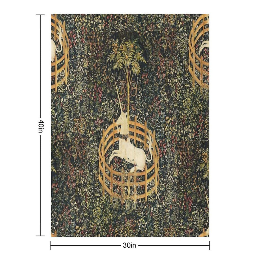 UNICORN IN CAPTIVITY AND GOTHIC FANTASY FLOWERS, GREEN FLORAL MOTIFS Travel-friendly Throw Blanket