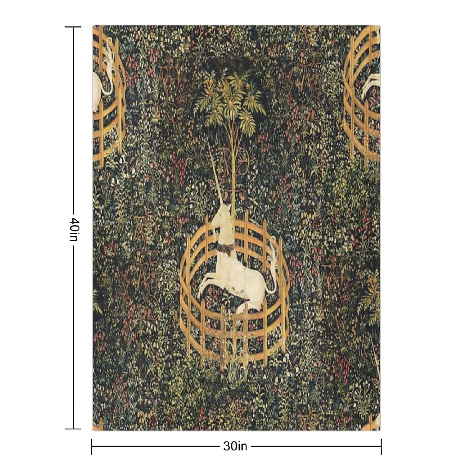 UNICORN IN CAPTIVITY AND GOTHIC FANTASY FLOWERS, GREEN FLORAL MOTIFS Travel-friendly Throw Blanket