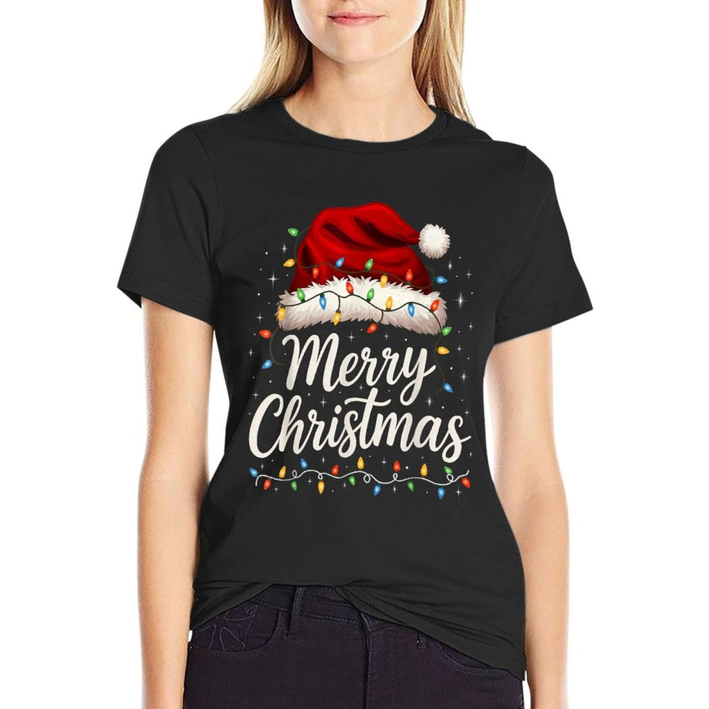 Merry Christmas Lights Red Santa Hat Xmas Family Men Women  Cotton T-Shirt