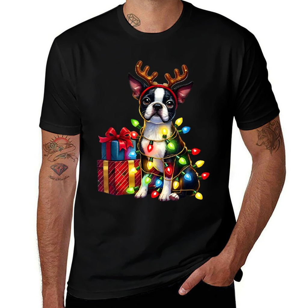 Pet Animal Boston Terrier Dog Reindeer Antlers Christmas for Men Women Kids  Quick-drying T-Shirt