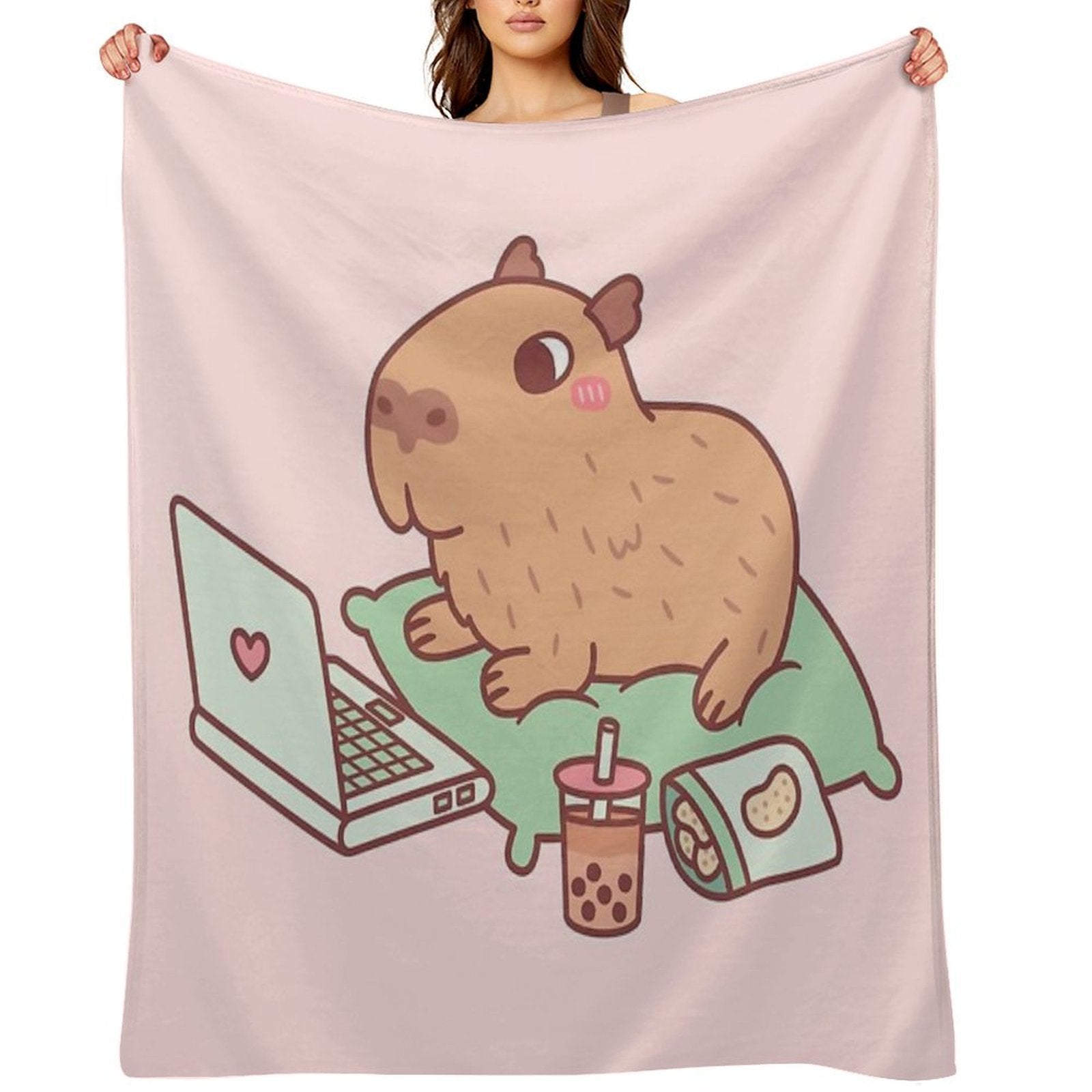 Cute Chilling Capybara With Laptop And Snacks Quick-dry Throw Blanket