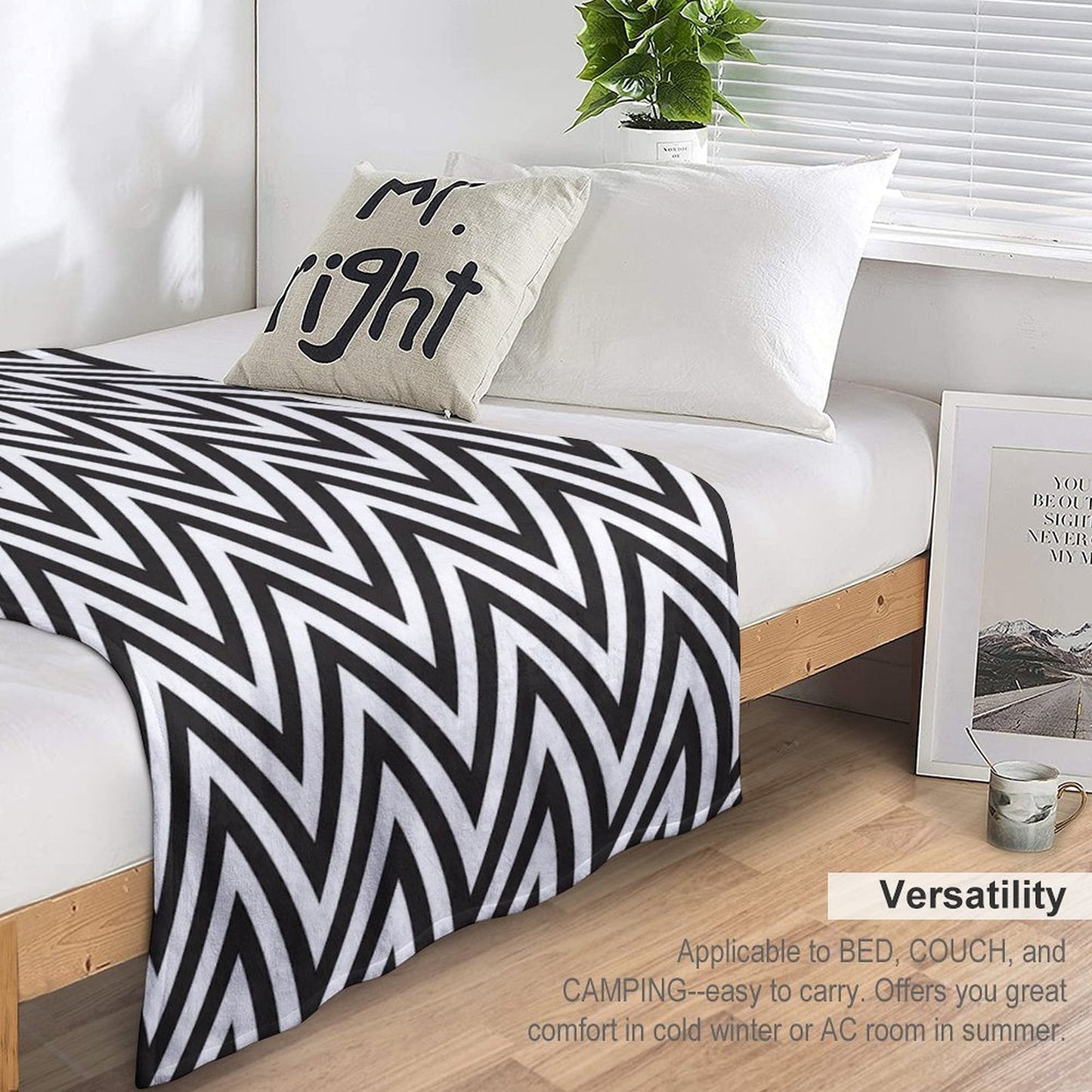 MODERN CHEVRON PATTERN Bold Monochrome Black + White Plush Throw Blanket