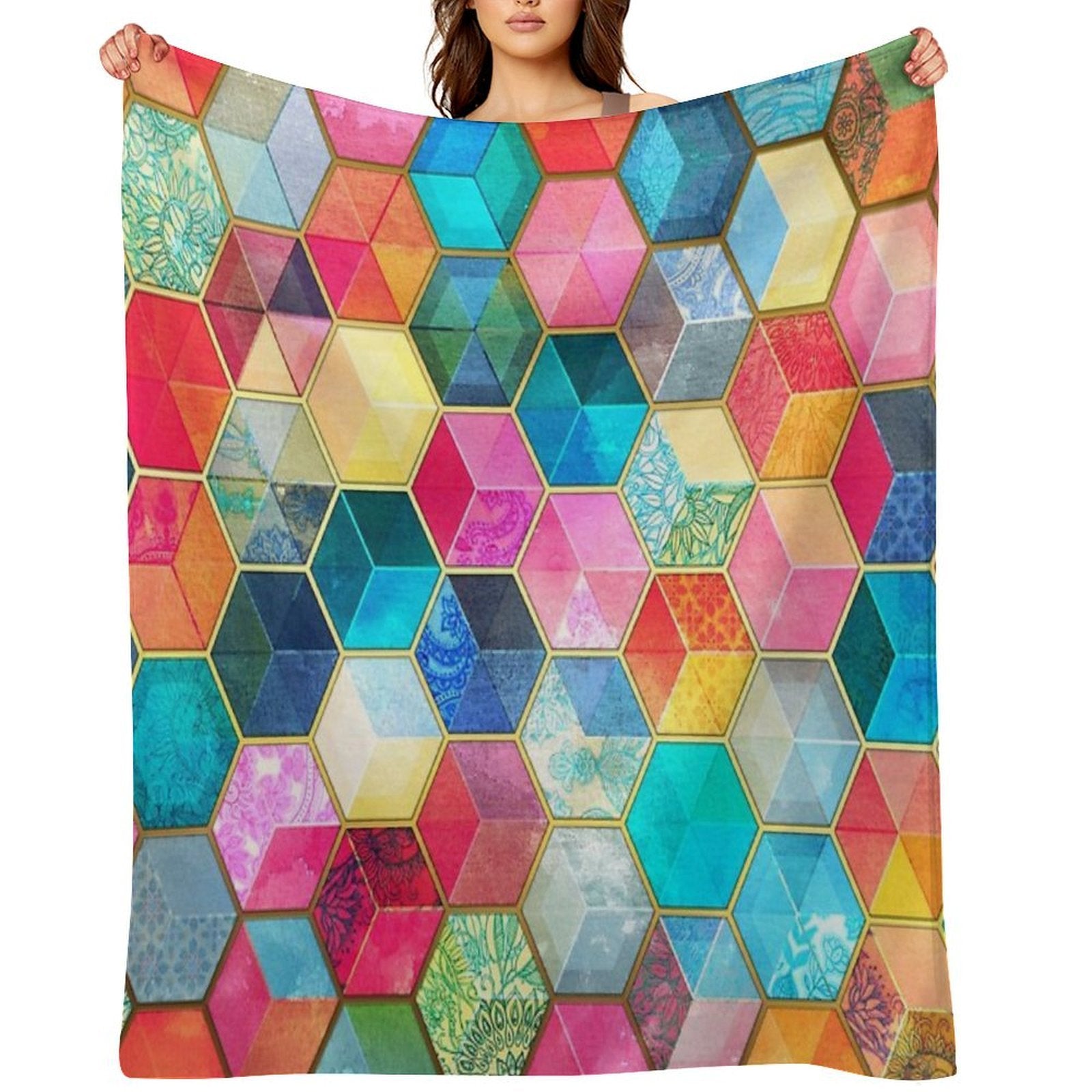Crystal Bohemian Honeycomb Cubes - Colorful Hexagon Pattern Gift-ready Throw Blanket