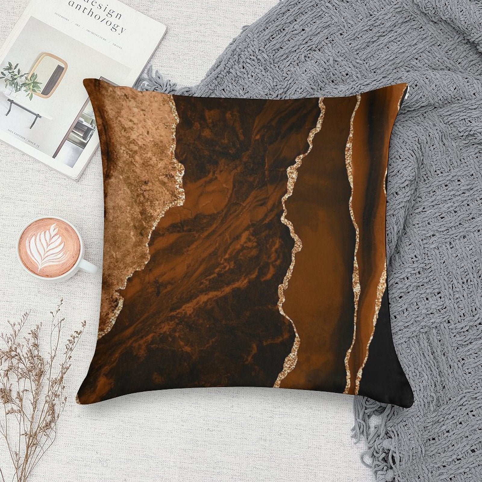 Abstract Chocolate Brown & Gold Modern Geode Agate Design Soft Hidden Zipper Throw Pillow