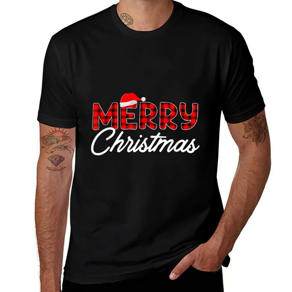 Merry Christmas Buffalo Plaid Red Santa Hat  Vintage-inspired T-Shirt