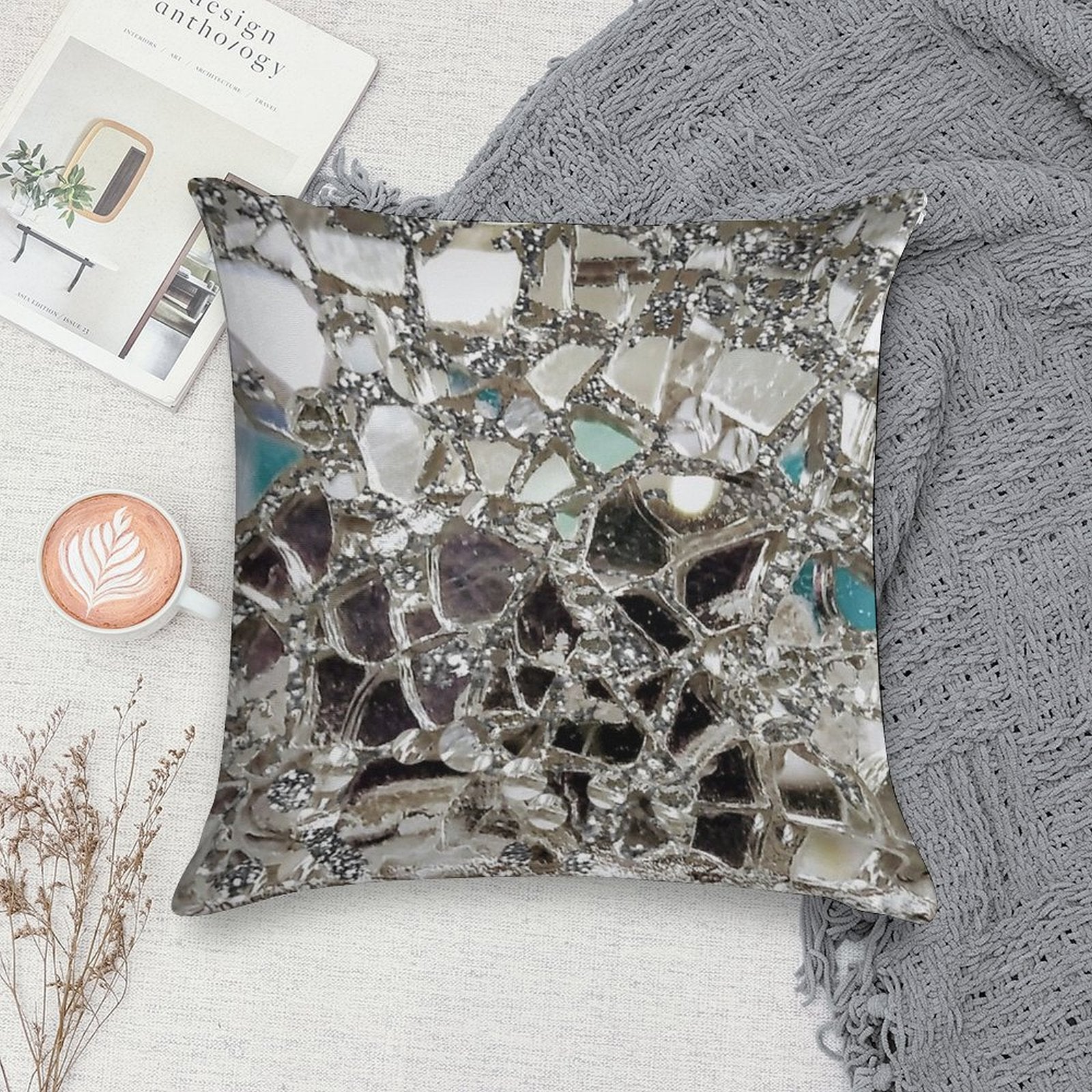 Photographic Image Sparkly Silver Glitter, Glass And Mirror Soft Reinforced Edging Throw Pillow