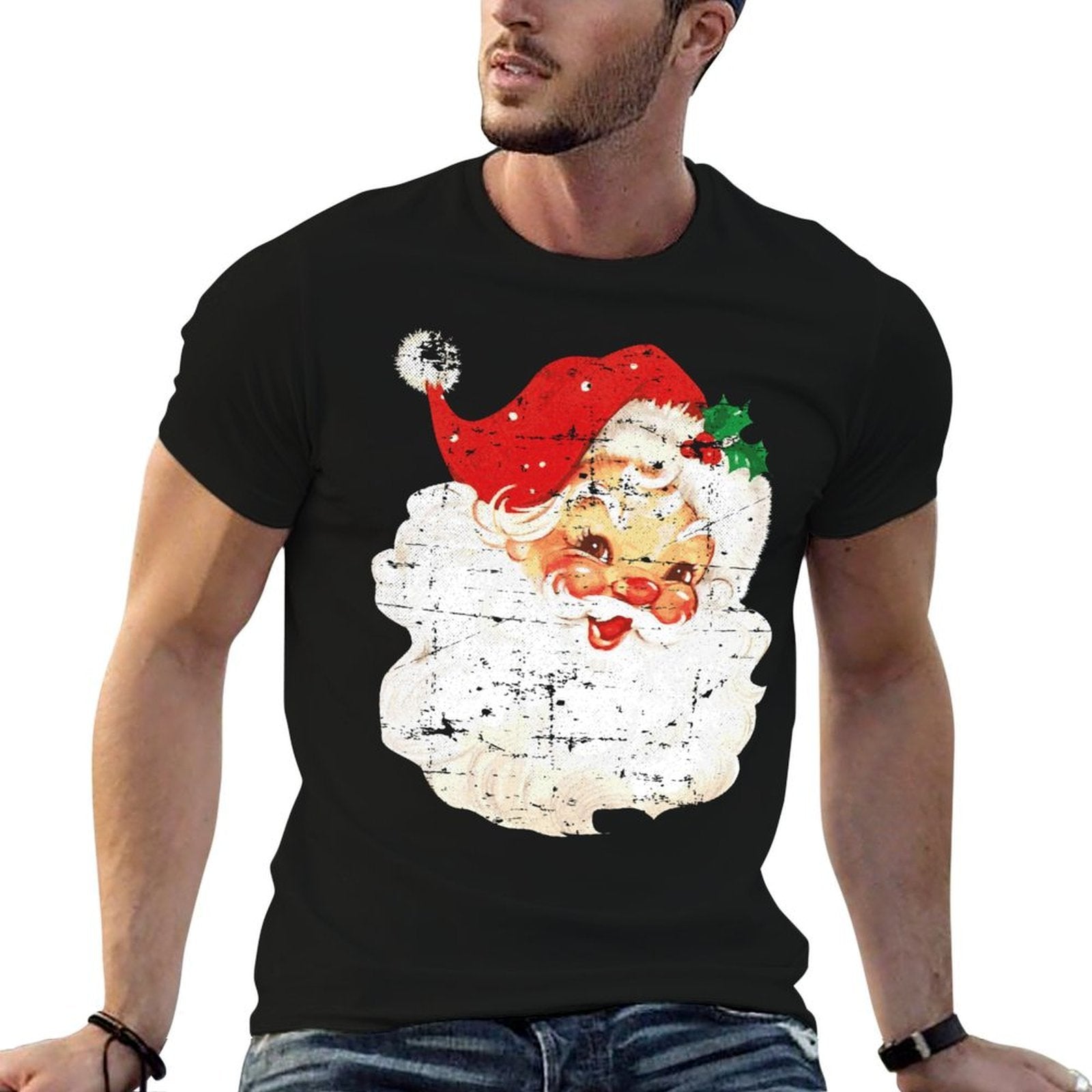 Distressed Vintage Santa Claus Face Old Fashioned Christmas  Wrinkle-resistant T-Shirt
