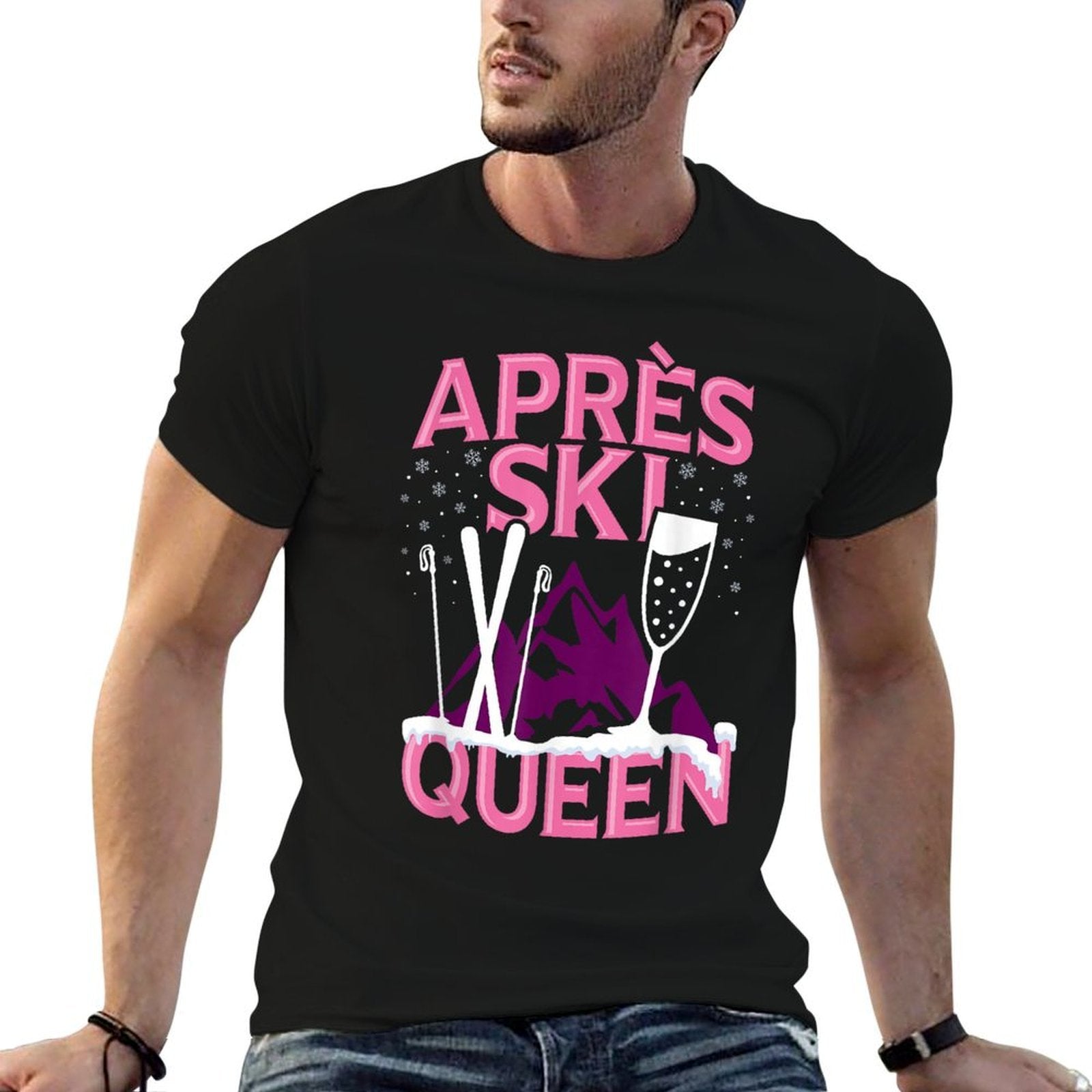 Funny Apres Ski Queen Skiing Winter Sports Party Fun  Ribbed Collar T-Shirt