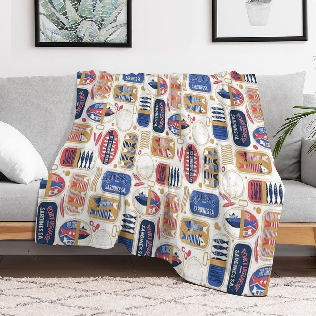 Vintage Canned Sardines  White Background Electric Blue And Mandy Red Cans Velvety-soft Throw Blanket