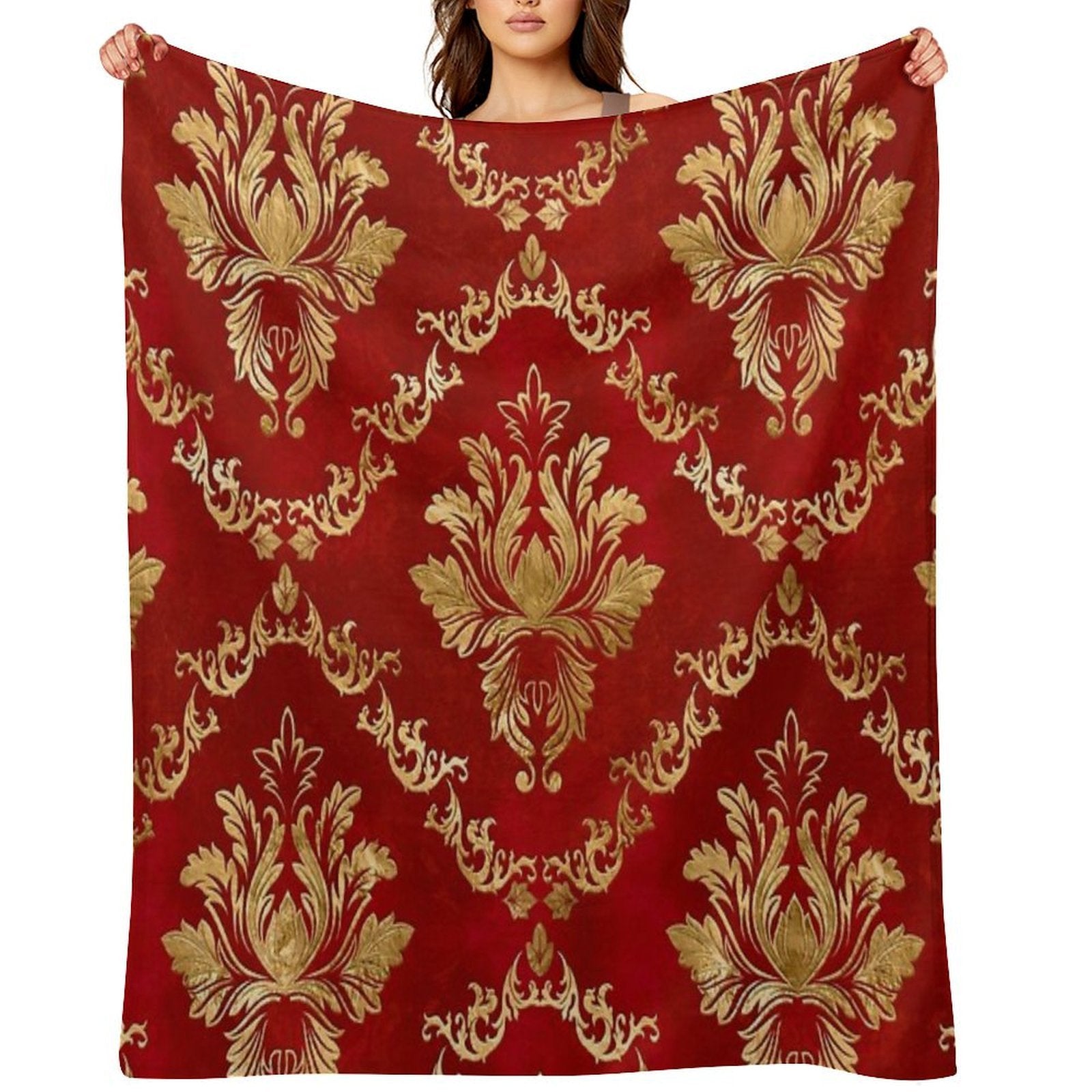 Oriental Vintage Damask Pattern - Red And Gold Shrink-resistant Throw Blanket