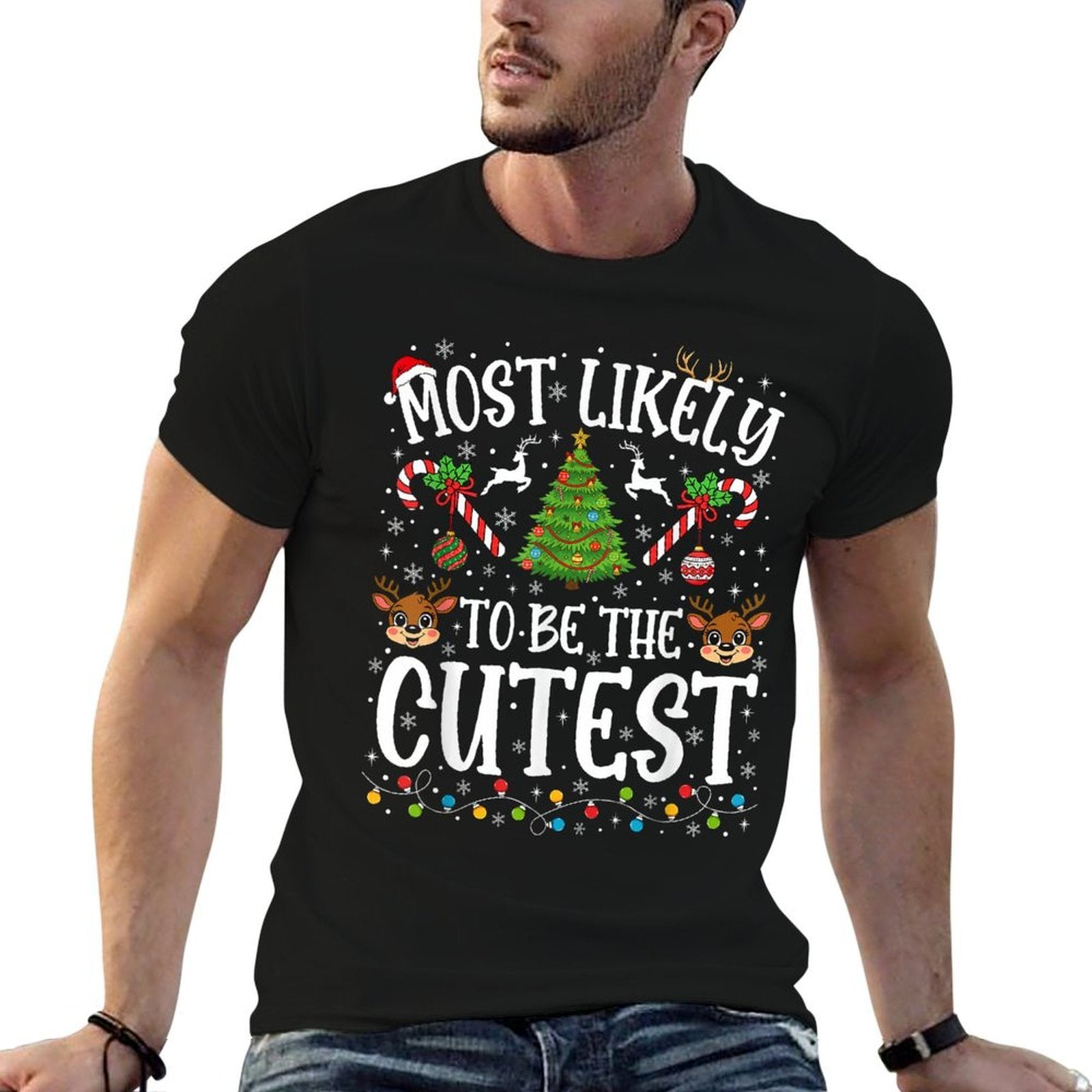 Most Likely to Be The Cutest Christmas Matching Family Funny  Ribbed Collar T-Shirt