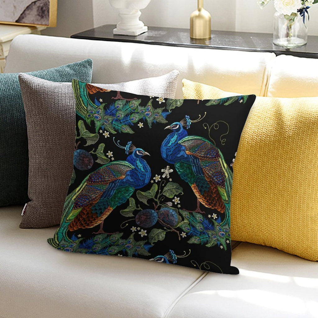 Embroidery Peacocks Soft Washable Throw Pillow