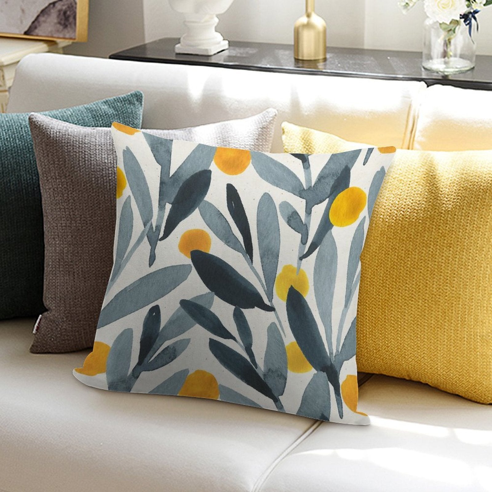 Indigo Mustard Soft High-Density Material Throw Pillow