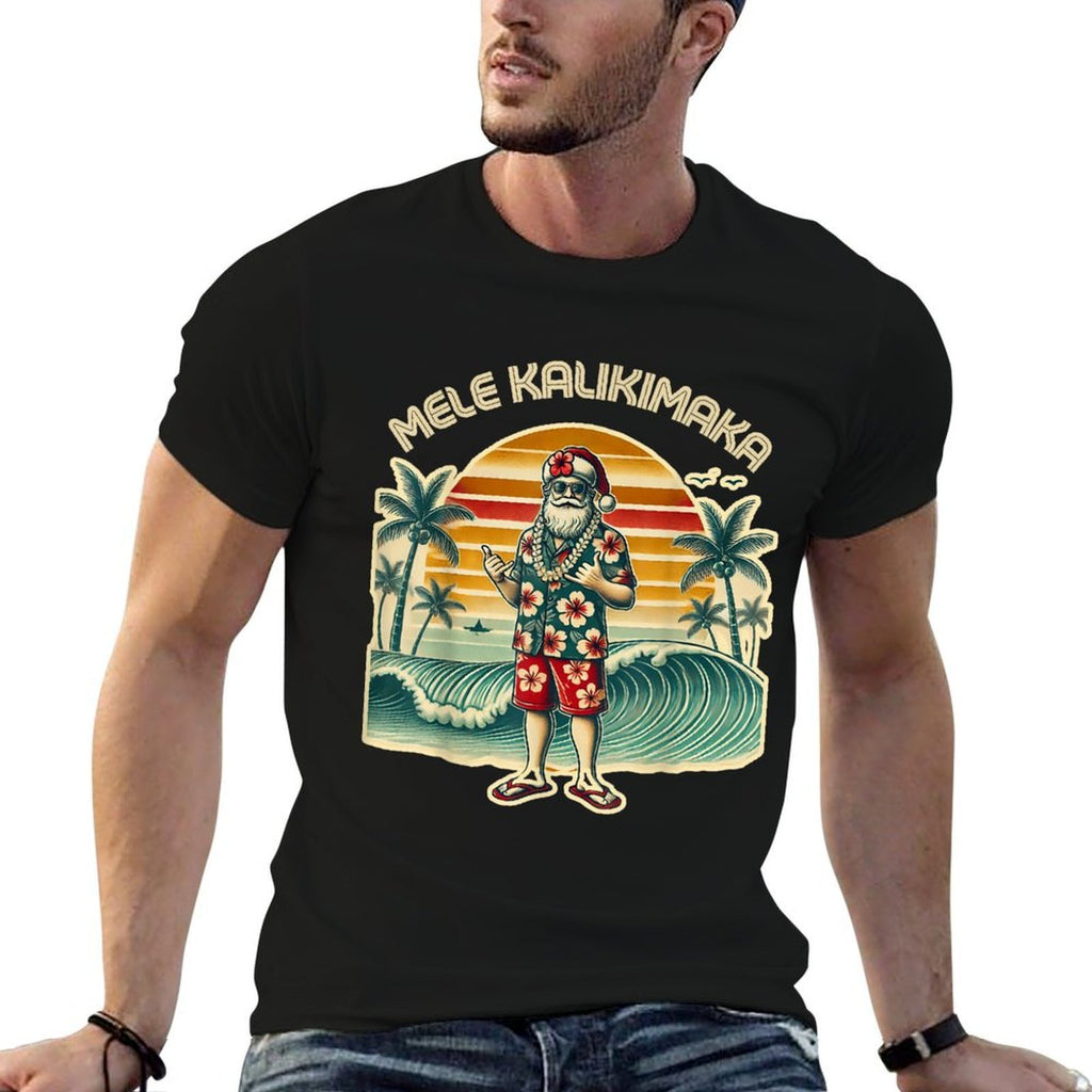 Retro Christmas Surf, Mele Kalikimaka Santa Shaka Hawaii  High-quality Stitching T-Shirt