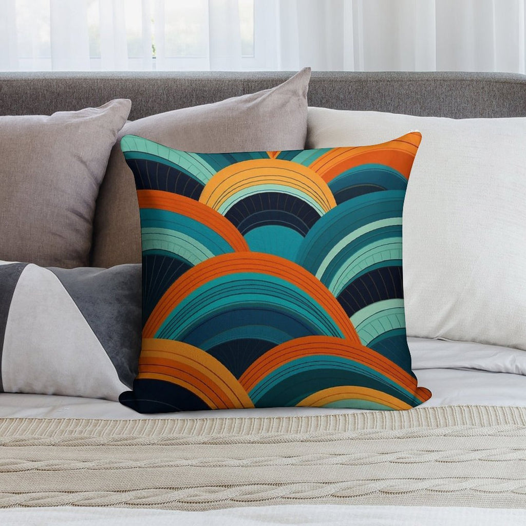 Mid-Century Dreamscape Teal And Orange Curved Lines Pattern Soft Shrink-Resistant Throw Pillow
