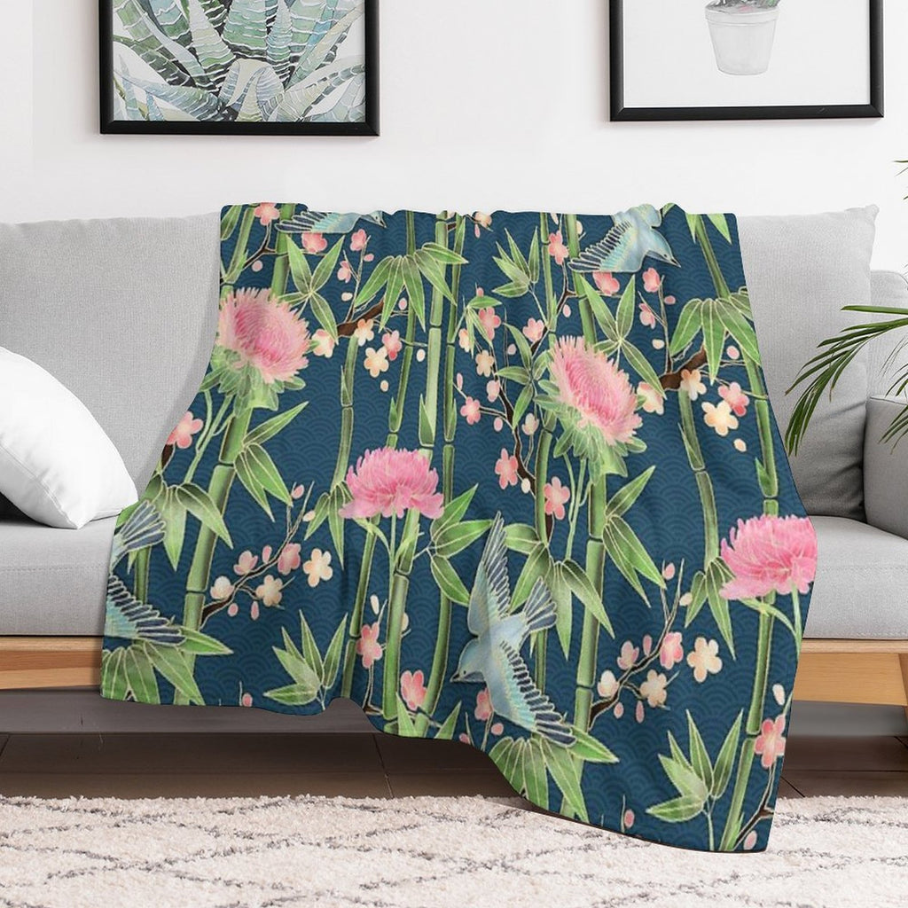 Bamboo, Birds And Blossom - Dark Teal Velvety-soft Throw Blanket