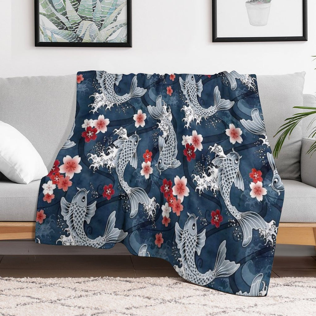 Koi Sakura Blossom in Blue Anti-pilling Throw Blanket