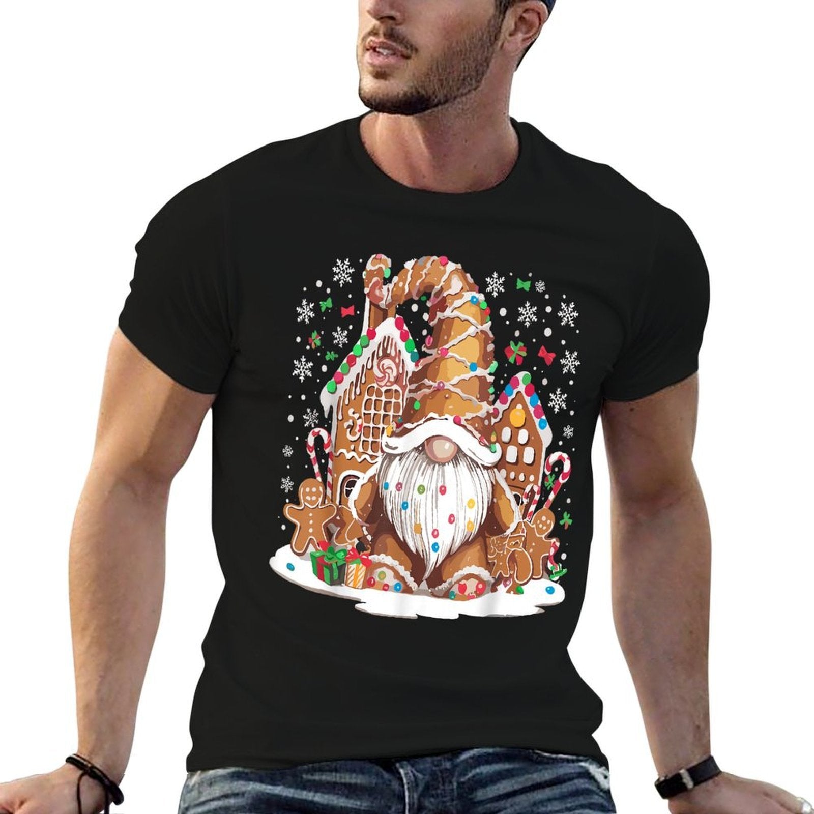 Gingerbread House Decor For Women With Christmas Gnome  Graphic-printed T-Shirt