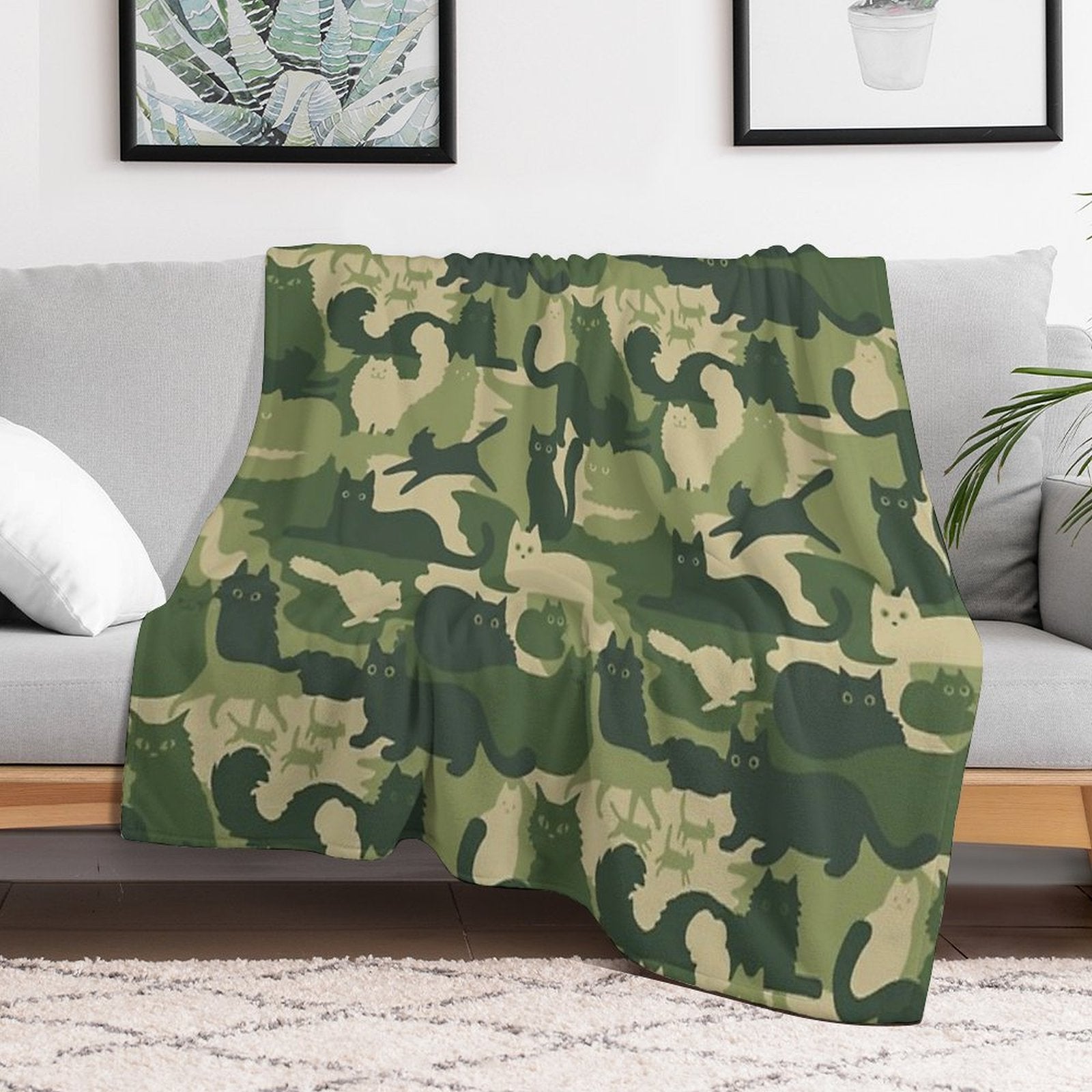 Camouflage Pattern with Cats  Green Cat Camo Sustainable Throw Blanket