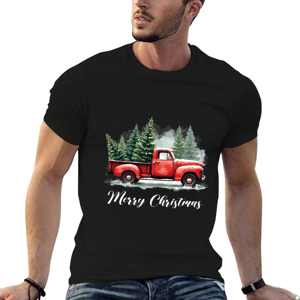 Vintage Wagon Merry Christmas Tree on Car Xmas Red Truck  Oversized Silhouette T-Shirt