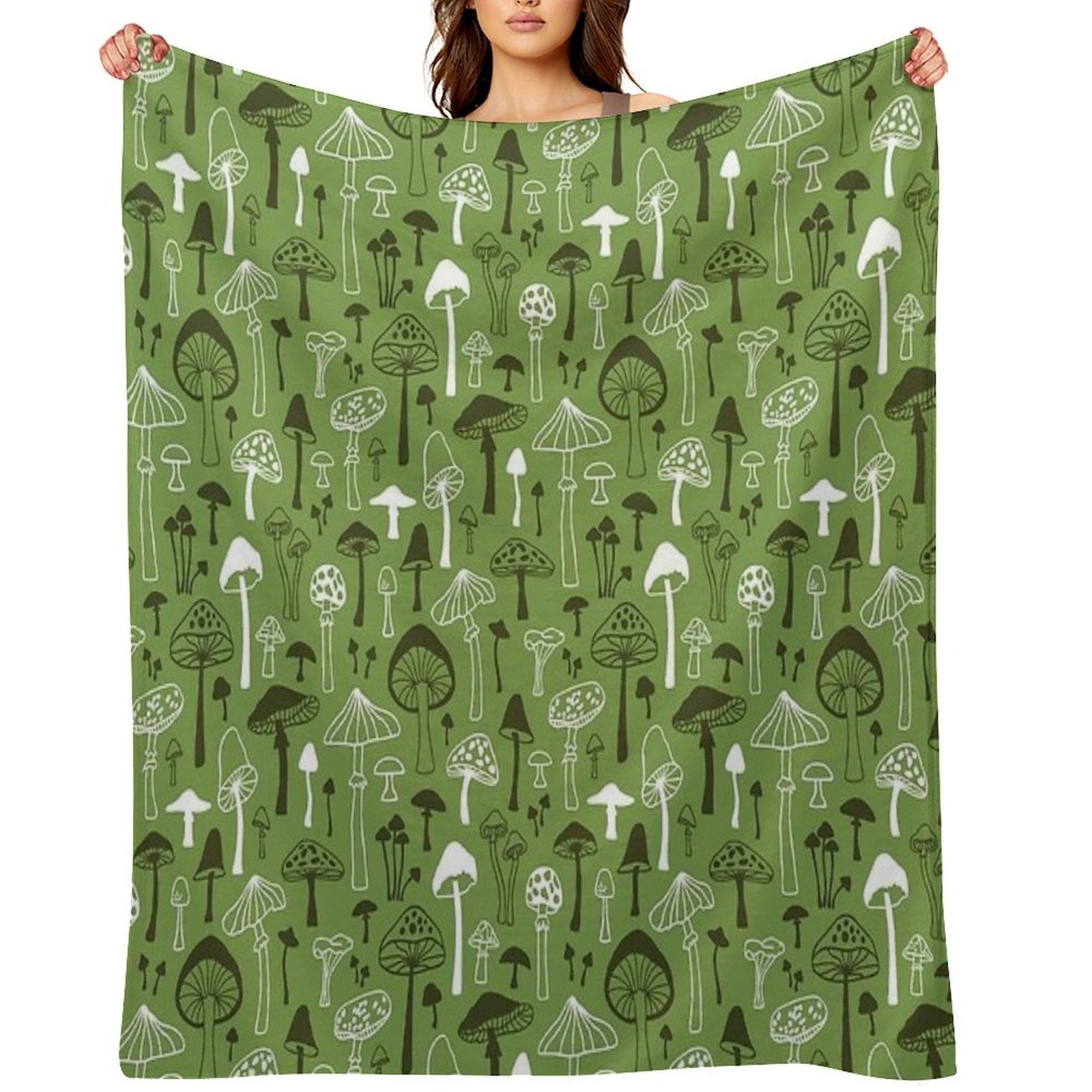 Mushrooms in Green Lightweight Throw Blanket