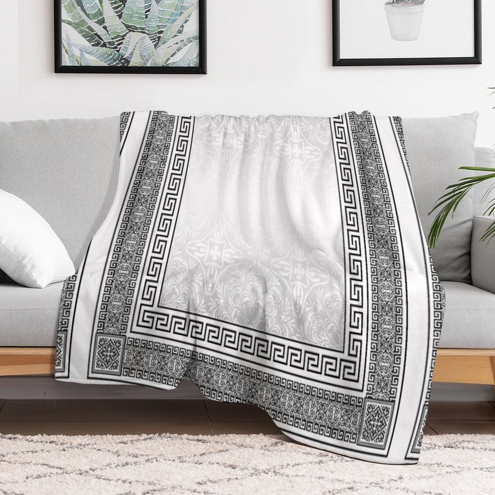 Greek Keys Black Grey White with Pattern Compact Throw Blanket
