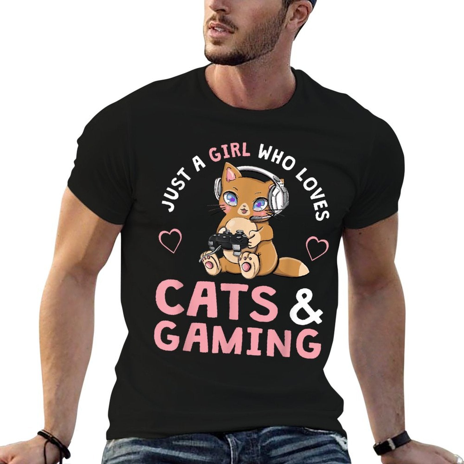 Just A Girl Who Loves Cats And Gaming Cute Gamer Cat  Easy-care T-Shirt