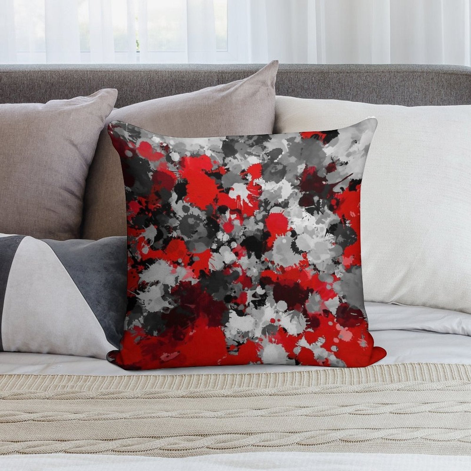 Red And Grey Paint Splatter Soft Skin-Friendly Throw Pillow